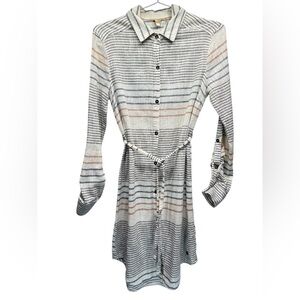 Roxy Gauzy Striped Shirt Dress with Belt 100% Lightweight Cotton Button Front